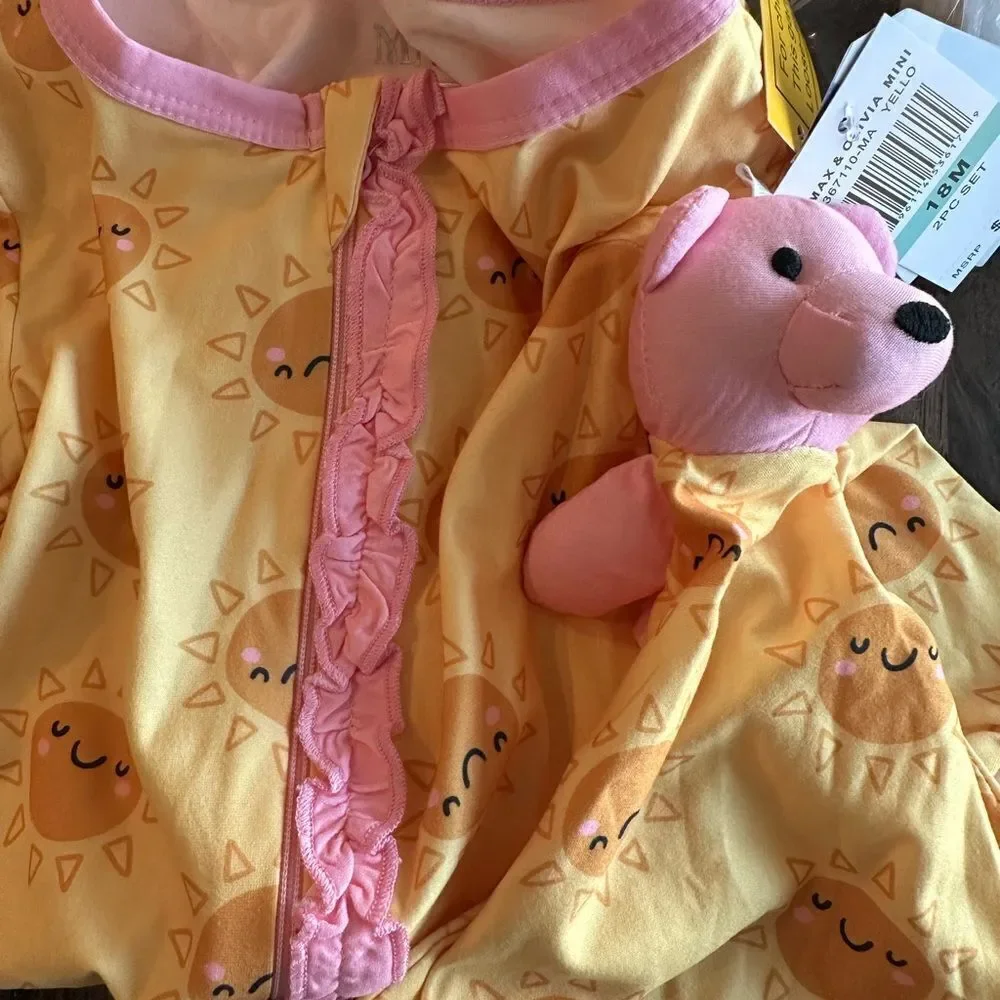 NWT Max & Olivia Baby Girls Snug Fit One Piece with Feet Yellow Pink - 18M